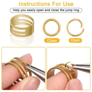 Macro view showing how to use the golden jump ring opener tool for jewelry DIY.
