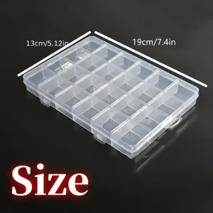 Detailed view of a 24-grid transparent storage box with 19x13cm dimension labels