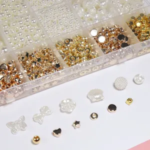 1000pcs DIY jewelry making kit with white pearls and gold beads in 24-grid box.
