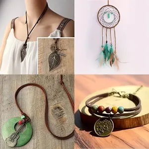 Detailed view of DIY handmade jewelry using 3mm faux suede cord with various charms