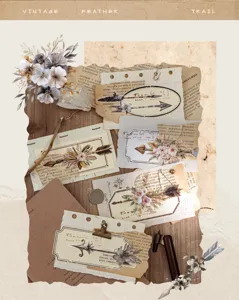 Gedetailleerde weergave van Vintage Feather Trail stickers met bloem- en veerontwerpen