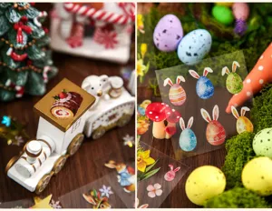 Detalle de pegatinas decorativas de conejo de Pascua y temas festivos para manualidades