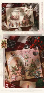 Dettaglio ravvicinato di cartoncino goffrato natalizio vintage con Babbo Natale e renne
