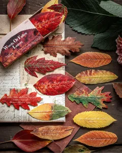 Detail view of leaf-shaped wooden bookmarks with printed English quotes