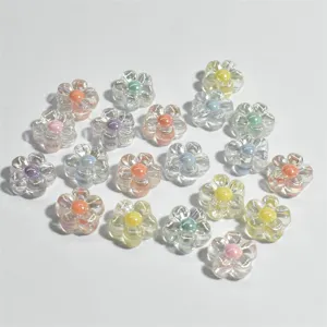 Cuentas de flores de acrílico transparente de 12 mm con centros coloridos para bisutería