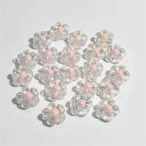 Cuentas de flores acrílicas transparentes de 12mm con centro rosa para joyería DIY