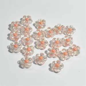 Cuentas de flores acrílicas transparentes de 12mm con centro rosa para joyería DIY