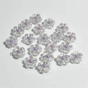Cuentas de flores de acrílico transparente de 12mm con centro púrpura para joyas DIY