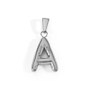 Detailed macro view of a silver stainless steel capital letter A initial pendant
