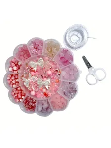 Kit de perles rose DIY avec plateau fleur à 13 cases, ciseaux et fil élastique