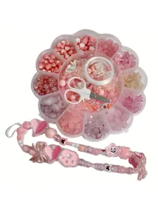 Kit de fabrication de bijoux DIY avec boîte de perles roses et lanière de téléphone.