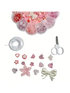 Détails des perles acryliques roses, ciseaux et fil pour kits de fabrication de bijoux DIY