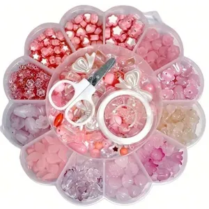 Kit de perles DIY acrylique rose en forme de fleur à 13 grilles avec étoiles et cœurs.