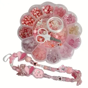 Kit de perles à bijoux rose DIY dans boîte fleur de prunier avec cœurs et étoiles