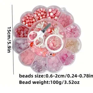 Kit de perles acryliques roses en forme de fleur avec ciseaux et fil, 13 compartiments.