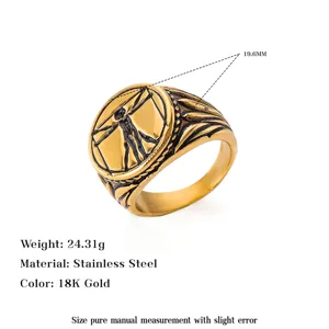 Detail shot of vintage men's stainless steel ring with 18K gold Vitruvian Man relief.