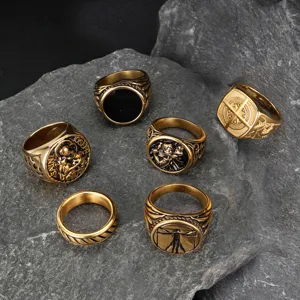 Men Retro Stainless Steel Ring Embossed Compass Vitruvian Man Saint Joseph Signet Ring Gold Silver Plated Personalized Jewelry For Men Gift