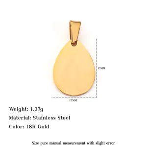18K gold plated stainless steel teardrop pendant showing 17x12mm dimensions and weight