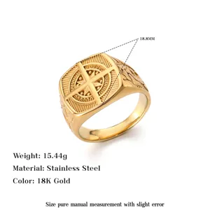 Detailed shot of vintage men's stainless steel ring with 18K gold compass relief design
