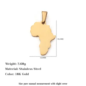 Detail view of 18K gold-plated stainless steel Africa map pendant with measurements