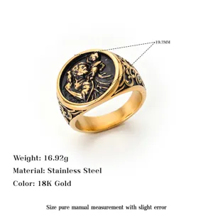 Vintage stainless steel embossed ring with 18K gold finish and product size details