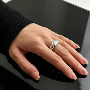 Vista ravvicinata dettagliata di un anello a fascia ritorta in acciaio inox argento