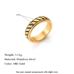Close-up detail of a vintage embossed men's stainless steel ring with 18K gold finish