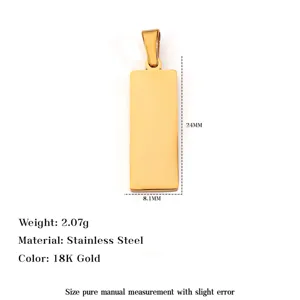 Detailed view of an 18K gold-plated stainless steel rectangular pendant with dimensions