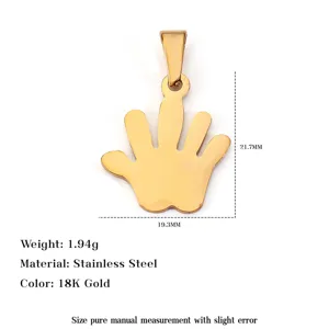 Detail view of gold-plated stainless steel hand-shaped pendant with precise dimensions