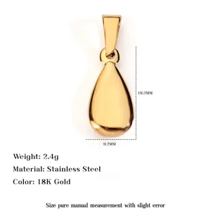 Close-up of 18K gold teardrop pendant with dimensions 19.2x9.2mm in stainless steel