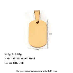 Detail view of 18K gold plated stainless steel rectangle pendant with size labels