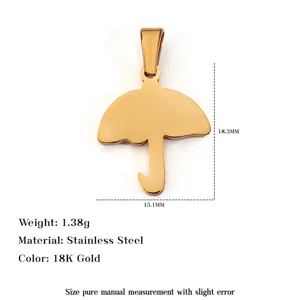 Detailed macro view of 18K gold plated stainless steel umbrella pendant with dimensions