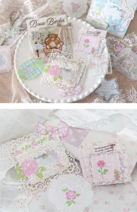 Close-up of decorative pixel art lace stickers for scrapbooking and DIY journaling