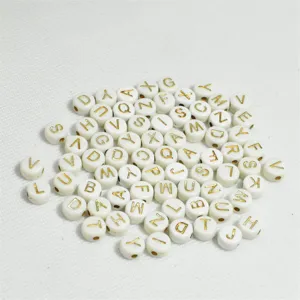 Cuentas redondas de acrílico blanco de 7mm con letras doradas para bisutería DIY.