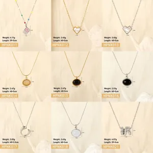 Collection of fashion stainless steel necklaces with various pendants and detailed measurements