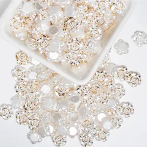 Baroque Style Acrylic Rose Flower Beads Gold Edged Floral Charms For DIY Jewelry Making Phone Case Accessories Cream White Decorative Beads