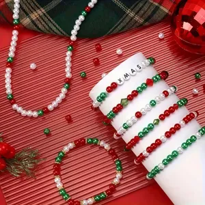 Set de pulseras navideñas de perlas rojas verdes blancas para creación de joyas DIY