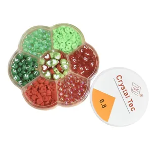 Christmas colored DIY bead set in flower tray with 0.8mm elastic cord for jewelry making