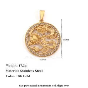 Detailed view of 18K gold plated stainless steel dragon pendant with size markers