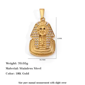 Detailed view of hip hop pharaoh pendant with size and material specifications