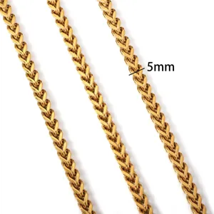 Close-up detail of 5mm wide gold-plated stainless steel braided franco chain necklace