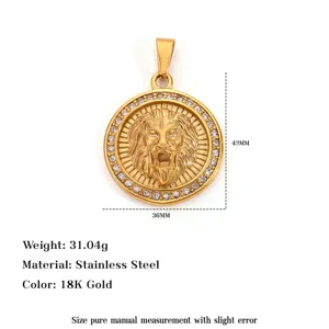 Detailed view of lion head pendant with dimensions and 18K gold plating info.