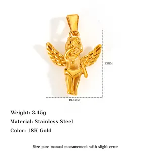 Detailed 18K gold plated stainless steel Cupid angel wing pendant with dimensions and weight