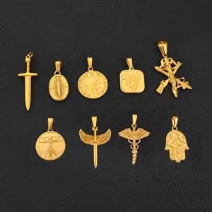 Vintage Stainless Steel Religious Pendant Cross Angel Wings Sword Rose St Benedict Medal Hamsa Hand Caduceus Vitruvian Man Pendant Only Without Chain For DIY Jewelry Making