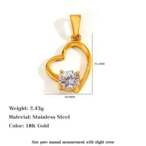 Gedetailleerde weergave van 18K vergulde hart hanger met zirconia en afmetingen.