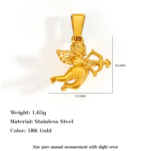 Detailed view of 18K gold plated stainless steel cupid pendant with wings and dimensions