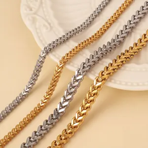 Macro view showing detailed texture of gold and silver stainless steel woven wheat chains.