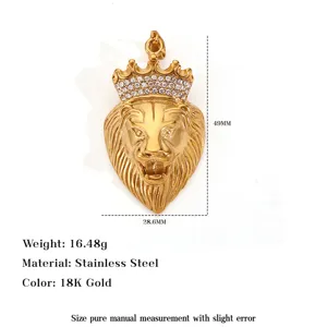 Spec sheet showing 49mm height iced-out stainless steel lion head crown pendant