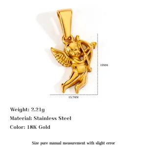 Detailed macro view of 18K gold plated stainless steel Cupid angel wing pendant jewelry