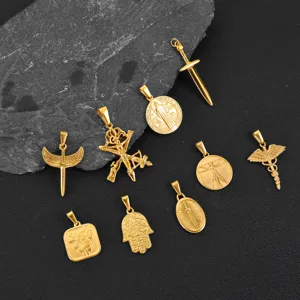 Detail view of 18K gold plated stainless steel pendants with various vintage symbolic designs.